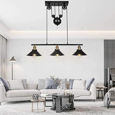 Imagem de Lustre pendente vintage industrial estilo bilhar, soquete E27, metal preto, com polia para ajuste de altura, luminária de teto retrô para sala de jantar, loft, sala de estar, cozinha, café e