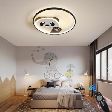 Imagem de Luminária de teto moderna em LED para quarto infantil com controle remoto, design criativo de panda de desenho animado, luminária de teto em metal preto para quarto de bebê, sala de estar, s