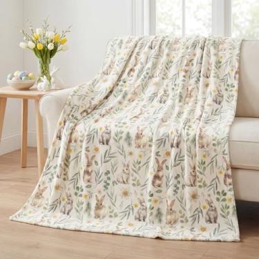 Imagem de Horaldaily Manta de flanela de Páscoa, ovos de Páscoa, coelhinho, coelhos, folhas xadrez, flores, macio, felpudo, aconchegante, cobertores de lã para sofá, cama, presente ideal para crianças e adultos