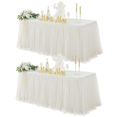 Imagem de familus Toalha de mesa retangular de 2,8 m marfim pacote com 2 toalhas de mesa de tule com babados e elastano para saias de mesa de tule de 2,3 m para festas, casamentos, banquetes