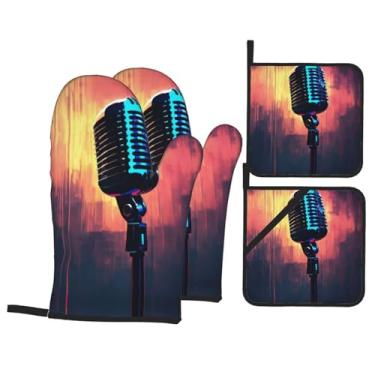 Imagem de Microfone com impressão de nota musical luvas de cozinha resistentes ao calor e suporte de panela, luvas de forno confortáveis para cozinhar