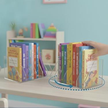 Imagem de Organizador de livros de acrílico giratório de 2 peças, giratório de 360°, 6 compartimentos, suporte de arquivo de revista, armazenamento vertical para livros, fichários, cadernos e revistas