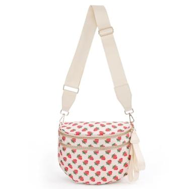 Imagem de Jooniter Bolsa transversal quadriculada de nylon para mulheres, bolsas espaçosas, bolsa quadriculada, pochete com alça de ombro, Morango bege