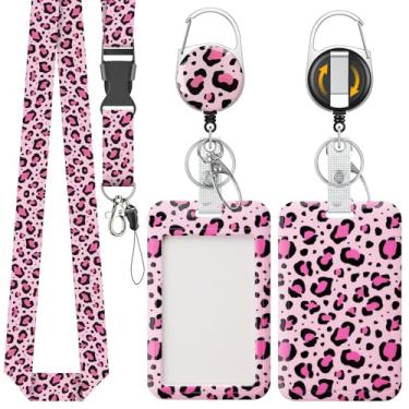 Imagem de Uniclife Porta-crachá deslizante elegante de plástico com estampa de leopardo rosa com mosquetão retrátil e cordão destacável protetor de cartão vertical para trabalhadores de escritório, professores