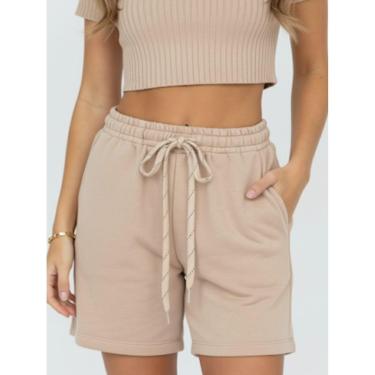 Imagem de Bermuda de Moletom Feminina Bege Básica Liso com Bolso e Cordão - Shorts de moletom para mulher-Feminino