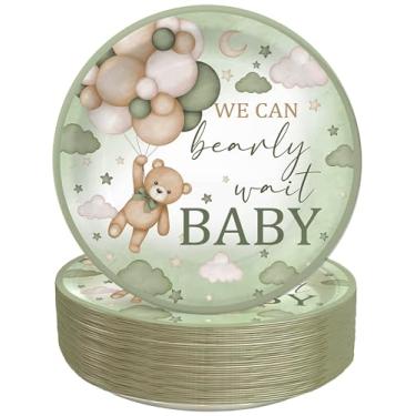 Imagem de Yuzioey 50 peças de pratos de chá de bebê de urso verde, pratos de papel descartáveis We Can Bearly Wait de 18 cm, pratos de sobremesa decorativos para chá de bebê de urso