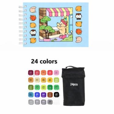 Imagem de Kit Marcadores Artísticos com Ponta Dupla 48 Cores + Livro de Colorir Capa Dura 50 Páginas, Canetinhas à Base de Álcool, Ambidestro, Múltiplas Cores (24, Azul)