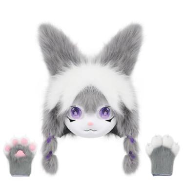 Imagem de CROOOLTRRY Conjunto engraçado de máscara e patas para cosplay adulto, anime, Halloween, gato de Cheshire, raposa, baile de máscaras, Cinza e branco, G