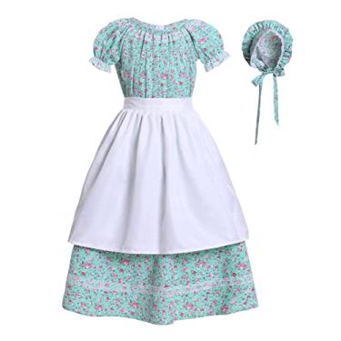 Imagem de Vibsion Fantasia De Pioneira Para Meninas, Vestido Peregrina, Floral Crianças, Vila Colonial, Conjunto Avental E Touca Verde