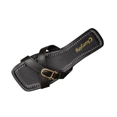 Imagem de Sandálias femininas de couro com fivela e design aberto confortáveis e modernas para uso casual primavera verão, Preto, 35
