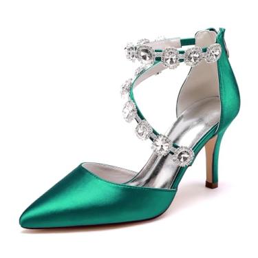 Imagem de Deidach Sandálias femininas fechadas de salto alto com strass de cetim para casamento stilettos de cristal, Verde escuro, 36