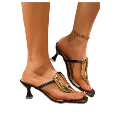 Imagem de MakeMeChic Sandálias femininas elegantes de metal com bico quadrado, salto quadrado, sapatos de couro PU, Preto, 35