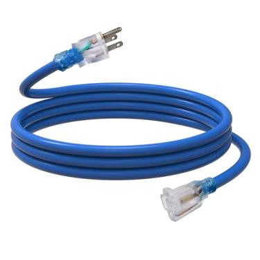Imagem de EP - Cabo de extensão externo de 3 metros com extremidade iluminada, cabo de extensão resistente SJTW calibre 12/3 com plugue de 3 pinos, 15AMP 1875W 12AWG, azul, listado pela UL