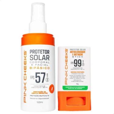 Imagem de Pink Cheeks Kit Protetor Solar Bifásico FPS 57 100ml + Stick Antioleosidade e Antiacne FPS 99 18g, Proteção Corporal e Facial