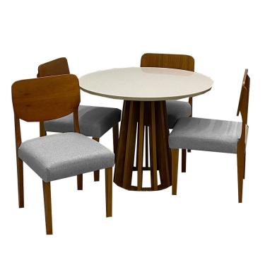Imagem de Mesa de Jantar Berlim 100cm Redonda com Vidro e 4 Cadeiras Barcelona em Linho Madeira Cel Móveis Cor Cinamomo Off White com Tecido Cinza
