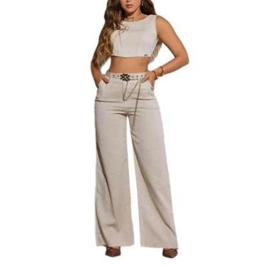 Imagem de Conjunto Feminino Pit Bull Cropped e Calça Linho Bege - 8623-Feminino