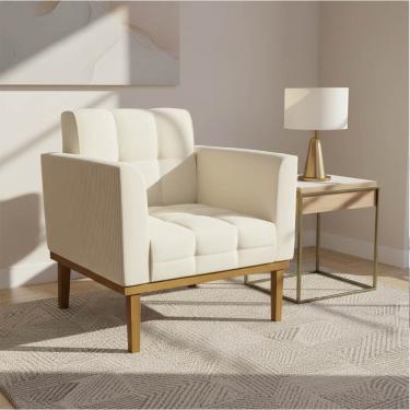 Imagem de Poltrona Sala Decorativa Elisa Base Madeira Fixa Castanho Cotelê Ext/Veludo Bege D03 - D'Rossi