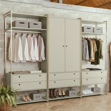 Imagem de Guarda-roupa Closet Modulado Casal 6 Gavet 3 Cabideiros Estrutura Metalica 250cm Off White