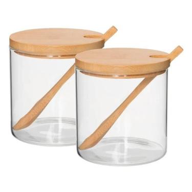 Imagem de Conjunto 2 Potes Para Tempero Vidro Com Tampa De Bambu 300ml - Jolitex