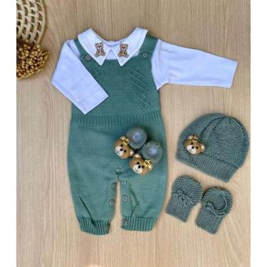 Imagem de Saída de Maternidade Menino Jardineira Lucca Urso Tricot 5 Peças - Tam