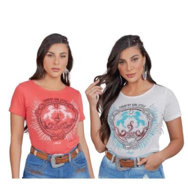 Imagem de Camiseta Country Feminina Minuty Girl Style Branca Rosa  - Ref. 1287, 