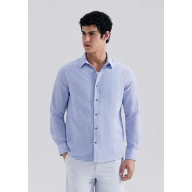 Imagem de Camisa Masculina Manga Longa Listrada Em Linho - Hering, G, Azul