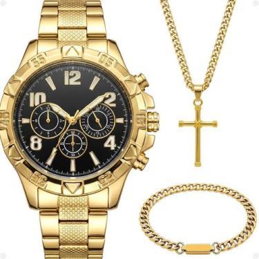 Imagem de Relogio aco inox masculino banhado + pulseira cordao grumet ouro quali