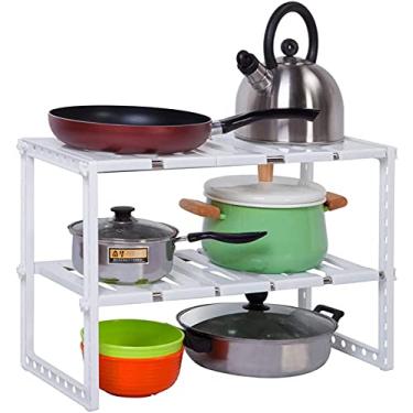 Imagem de Organizadores e armazenamento sob a pia, organizador de pia de 2 camadas com comprimento ajustável, armazenamento multifuncional para cozinha, branco