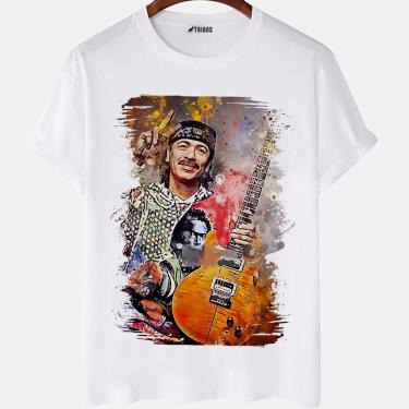 Imagem de Camiseta masculina Carlos Santana Musico Famoso Arte Camisa Blusa Branca Estampada