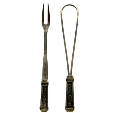 Imagem de Kit Garfo + Batedor p/ churrasco inox com cabo Zamac dourado