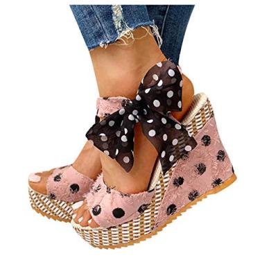 Imagem de Sandálias femininas elegantes de verão, sandálias plataforma com cadarço plataforma plataforma aberta dedo do pé cruzado sapatos com pontos, rosa, 7.5
