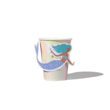 Imagem de Coterie Copos de sereia (conjunto de 10 copos de papel) – Copos de festa de sereia para festa de sereia, festa de aniversário de sereia, chá de bebê – Suprimentos de festa de sereia | Copos iridescentes de 265 ml e sereias aderentes com glitter