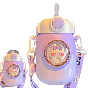 Imagem de Garrafa térmica a vácuo - Garrafa de água bonito de aço inoxidável isolado com palha e alça | Garrafas de metal de aço isoladas a vácuo com alça, frasco reutilizável à prova de vazamentos sem Jiem-br