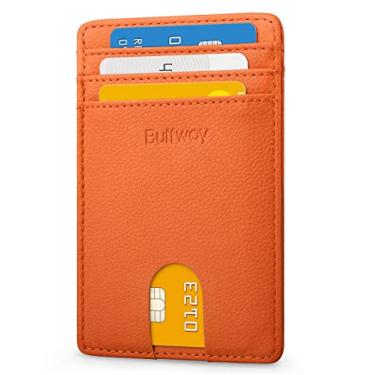 Imagem de Buffway Carteira masculina fina, minimalista, bolso frontal, porta-cartão de crédito com bloqueio RFID para trabalho e viagens, Laranja Chicago, Minimalista