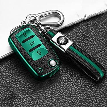 Imagem de YJADHU Capa de chave de carro de TPU masculina feminina, adequada para Volkswagen VW 4 5 6 Bora Jetta POLO Passat B5 B6 Skoda Octavia Fabia SEAT Ibiza Leon, chaveiro verde