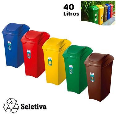 Imagem de Kit 5 Lixeiras 40 Litros Seletivas Para Lixo Orgânico Plástico Papel Metal Vidro Cesto Tampa Basculante - Sanremo