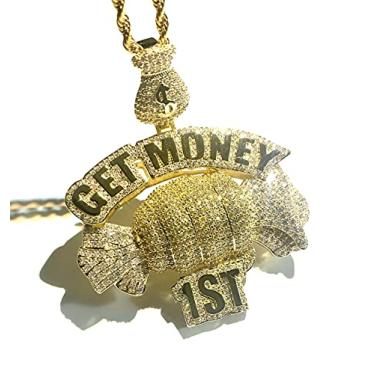 Imagem de ICEDIAMOND Colar inspirador criativo Get Money First, pingente grande de diamante CZ Lab brilhante completo com corrente de corda de 24'', joias de hip hop banhadas a ouro para homens