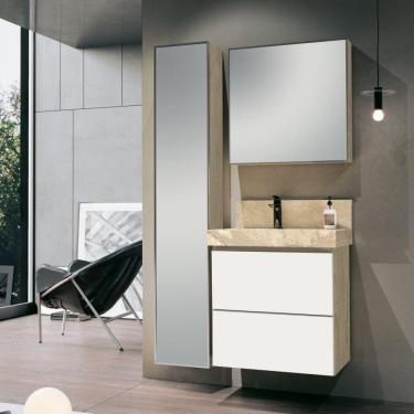 Imagem de Conjunto para Banheiro com Espelheira, Gabinete, Lavatório com Cuba Esculpida, Armário Vertical Bumi Branco/Wood/Travertino