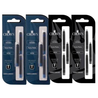 Imagem de Kit 4 Recargas Para Caneta Crown Tinteiro Com 3 Refil Ca32005 Azul Preta