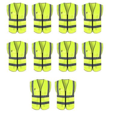 Imagem de Colete Sinalizador Kit 10 Unidades Faixa Refletivo Trabalho EPI Blusao Fluorescente Segurança Obra Bolso Ziper
