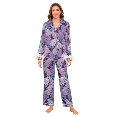 Imagem de GuoChe Pijama feminino de cetim conjunto de pijama de seda manga comprida macio com punho de penas conjunto de pijama feminino despedida de solteira para, dormir P, Flor lilás decorativa elegante, GG