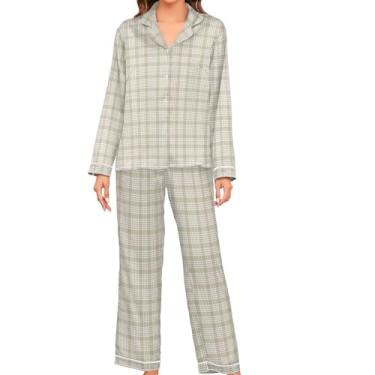 Imagem de JUNZAN Conjunto de pijama feminino xadrez creme manga longa cetim pijama de botão feminino pijama, Xadrez creme, P