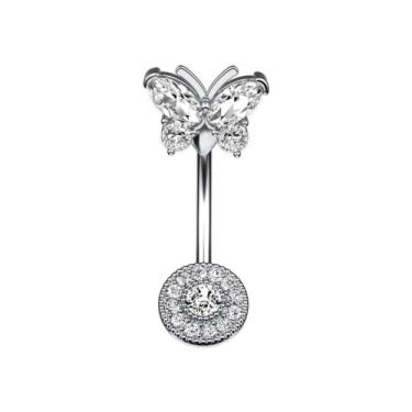 Imagem de Novel Anel de umbigo Aço Cirúrgico CZ Barbell Borboleta Piercing de Barriga Joia Retentor Corporal 14G (1,6 mm), Metal, Zircônia cúbica