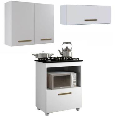 Imagem de Conjunto Balcão para Cooktop 1 porta 1 nicho 5 bocas e 2 Armário Aéreo Branco