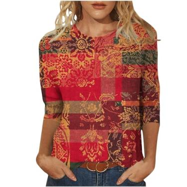 Imagem de Blusas femininas gola redonda manga 3/4 color block sol geometria ajuste relaxado camisas longas outono verão 2024, A-65 multicolorido, P