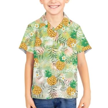 Imagem de Camisas havaianas de botão para crianças tropicais manga curta camiseta unissex praia verão camisetas Aloha para 3-16 anos, Abacaxi tropical, 15-16 Years