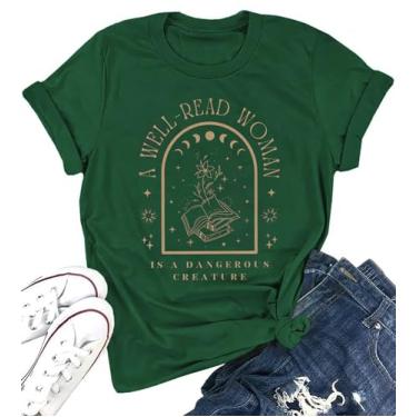 Imagem de Camiseta feminina A Well Read Woman Reading Book Shirt Cute Book Lover Gift Vintage Graphic Tee Tops Funny Teacher Shirt, Verde, XXG