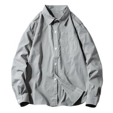 Imagem de Camisa jeans masculina de manga comprida estampada com gola aberta e botões frontais, Cinza, XXG