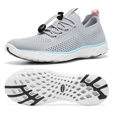 Imagem de KOLILI Sapatos aquáticos femininos estilosos, tênis de caminhada com suporte de arco, melhor para esportes aquáticos, viagens e caminhadas, Cinza claro / azul-piscina, 37