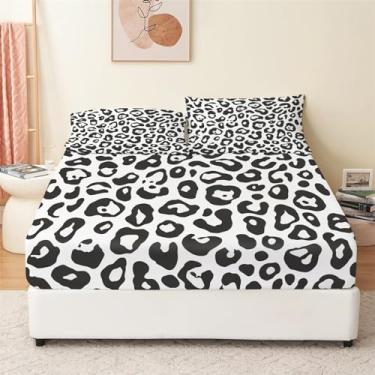 Imagem de Bhoyctn Jogo de lençol King 4 peças - estampa de leopardo animal preto e branco luxuoso microfibra escovada - macio e respirável - lençol de cima, lençol de cima, fronhas